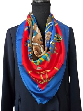 Gucci Vintage Equestrian Silk Scarf Horse Rider Blue Red 35” Carré